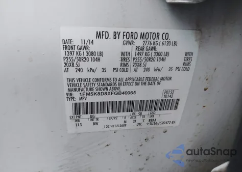 2015 Ford Explorer Xlt из США, поврежденный, VIN 1FM5K8D8XFGB40065